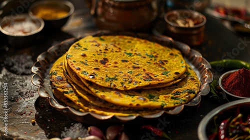 Methi thepla, fenugreekflavored flatbreads, served on a rustic plate with a bustling Gujarati street market backdrop