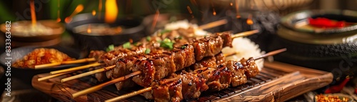Moo Ping, grilled pork skewers with sticky rice, served on a wooden board with a bustling Thai night market background photo