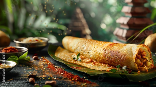 Mysore masala dosa, a crispy crepe filled with spicy potato filling, served with sambar and chutneys on a banana leaf with a South Indian temple background photo