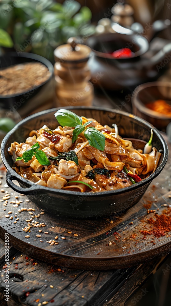 Fototapeta premium Pad Kee Mao, drunken noodles with chicken and basil, served on a rustic wooden board with a lively street food market scene
