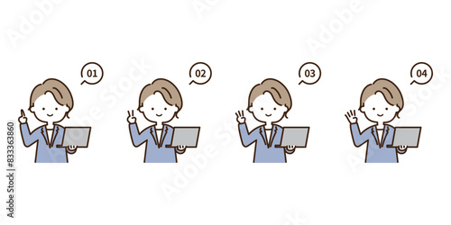 指で1234の数字を作って説明するノートパソコンを持った若いビジネスマン