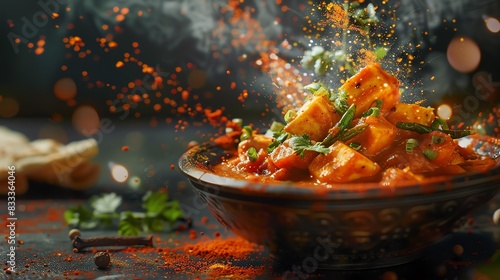 Paneer butter masala, creamy paneer curry with tomatoes and spices, served in a traditional bowl with a vibrant Indian wedding backdrop