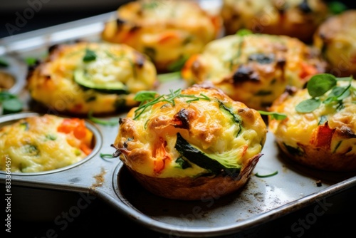 Delicious and healthy vegetable egg muffins garnished with herbs, straight from the oven