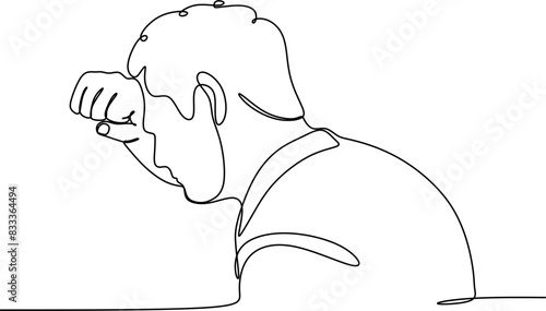 Line drawing of young man depressed, sad emotional turmoil, loss, grief, life problems, confusion, disordered feelings and worry about poor mental health.