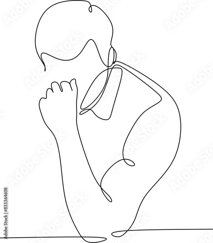 Line drawing of young man depressed, sad emotional turmoil, loss, grief, life problems, confusion, disordered feelings and worry about poor mental health.