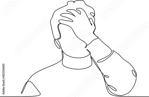 Line drawing of young man depressed, sad emotional turmoil, loss, grief, life problems, confusion, disordered feelings and worry about poor mental health.