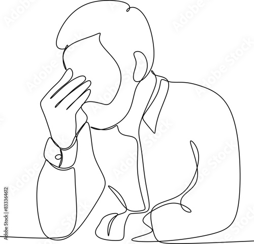 Line drawing of young man depressed, sad emotional turmoil, loss, grief, life problems, confusion, disordered feelings and worry about poor mental health.