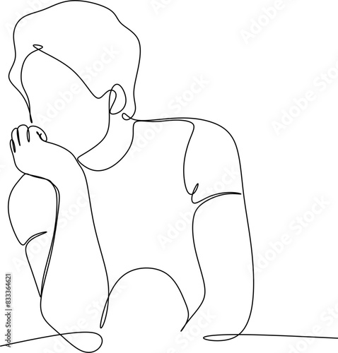 Line drawing of young man depressed, sad emotional turmoil, loss, grief, life problems, confusion, disordered feelings and worry about poor mental health.