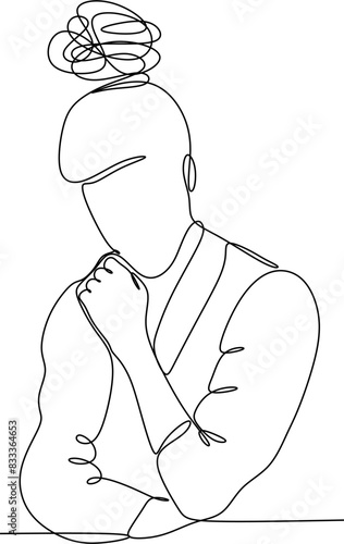 Line drawing of young man depressed, sad emotional turmoil, loss, grief, life problems, confusion, disordered feelings and worry about poor mental health.