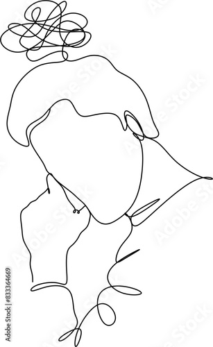 Line drawing of young man depressed, sad emotional turmoil, loss, grief, life problems, confusion, disordered feelings and worry about poor mental health.