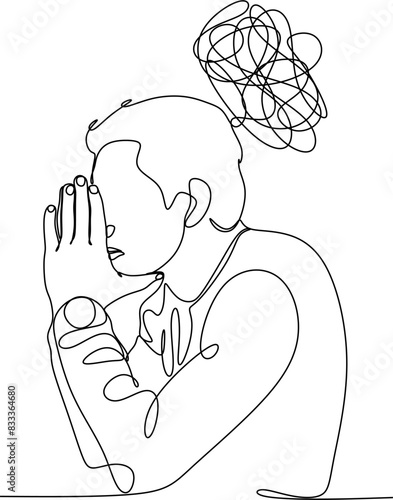 Line drawing of young man depressed, sad emotional turmoil, loss, grief, life problems, confusion, disordered feelings and worry about poor mental health.