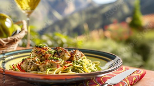 Peruvian tallarines verdes with green pesto sauce and grilled chicken, served on a colorful ceramic plate with a view of the Andean mountains photo