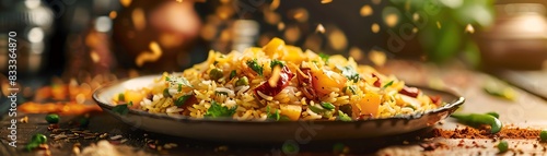 Poha, flattened rice with spices and vegetables, served on a rustic plate with a busy Indian breakfast market scene photo