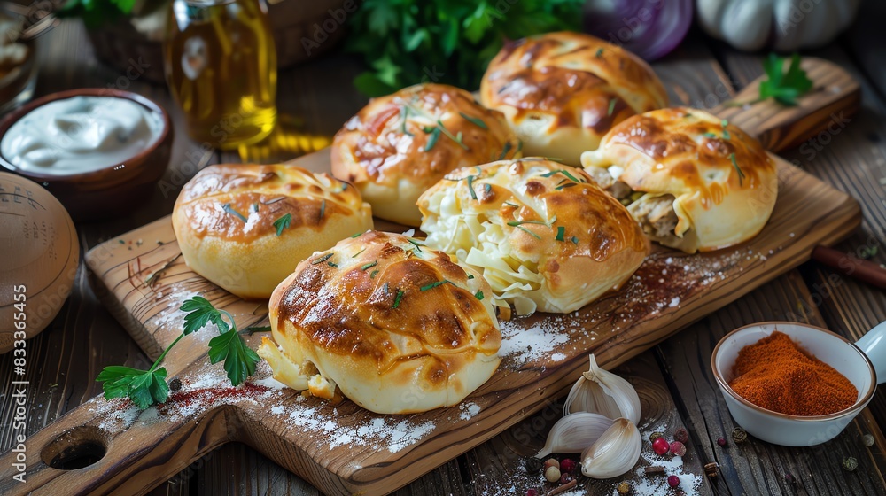 custom made wallpaper toronto digitalRussian pirozhki, deepfried buns filled with meat and cabbage, served with sour cream, on a wooden board with a cozy Russian dacha kitchen scene