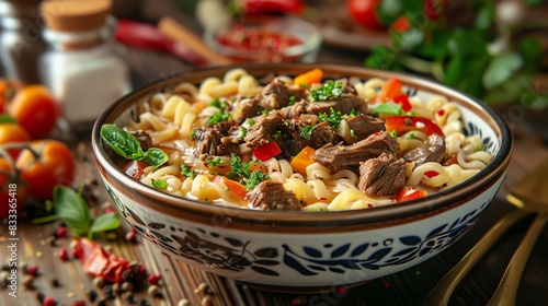 Russian lagman with handpulled noodles, beef, and vegetables, served in a traditional Russian bowl with a view of the Russian countryside photo