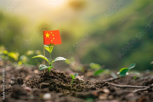 A miniature Chinese flag stuck in the ground, next to it a young growing plant., the concept of the growing importance of China and the Chinese economy.