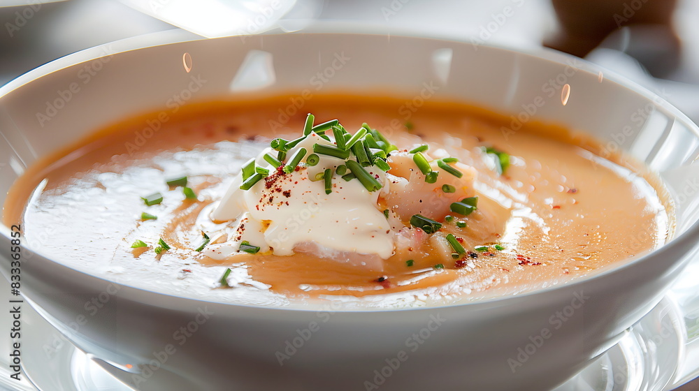 Lobster bisque soup garnished with cream and chives in a white bowl. Lobster bisque soup garnished with cream and chives in a white bowl.