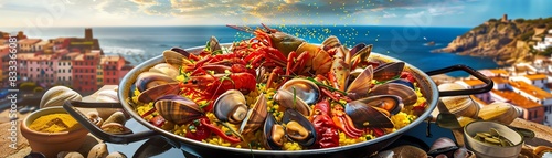 Spanish fideua with seafood and saffroninfused noodles, served in a large paella pan with a backdrop of a Spanish coastal town photo