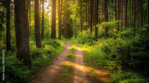 A sun-dappled path winds through a lush green forest  inviting exploration and adventure.
