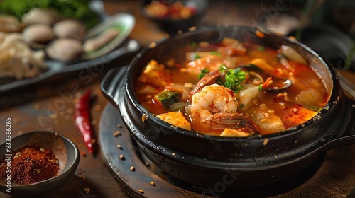 Sundubu jjigae, spicy soft tofu stew with seafood, served in a clay pot with a cozy Korean restaurant setting