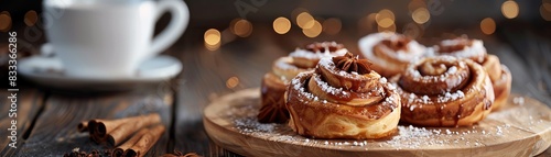 Swedish cinnamon buns, kanelbullar, served on a wooden platter with a cozy Swedish fika setting photo