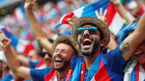 Excited joyful French sports fans cheering at the stadium, vibrant crowd during an afternoon match, emotional support for their team from the country of France