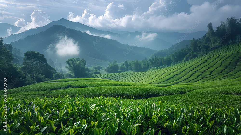 Fototapeta premium Green tea plantation against the backdrop of mountains and fog.