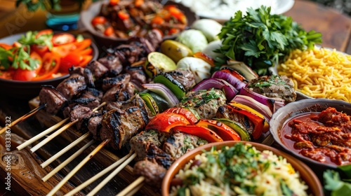 A Mouthwatering Display of Various Grilled Kebabs on a Skewer with Colorful Side Dishes and Sauces  Perfect for a Culinary Feast 