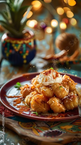 Thai fried bananas Kluay Tod with coconut ice cream, served on a colorful plate with a festive market backdrop photo