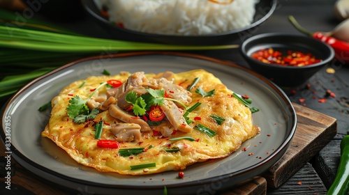 Thai omelette Khai Jiao with pork, served on a ceramic plate with jasmine rice and a bustling Bangkok street food background