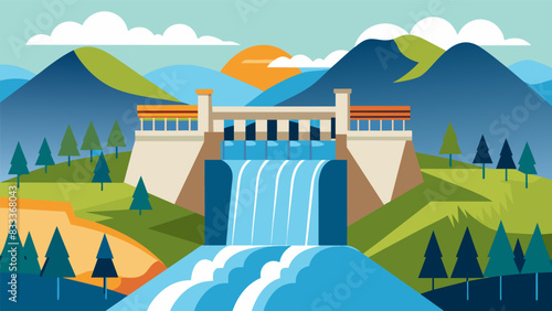 The natural landscape has been forever changed by the presence of the hydroelectric dam providing both benefits and challenges to the surrounding. Vector illustration