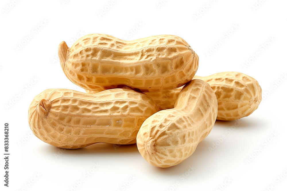 Close-up of shelled and unshelled Peanut nuts isolated on a white background, showcasing their texture Close-up of shelled and unshelled Peanut nuts isolated on a white background, showcasing their texture