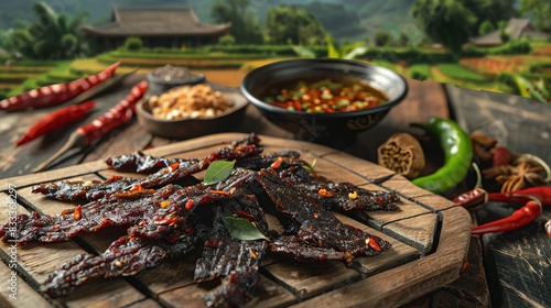 Thaistyle beef jerky with spicy dipping sauce, served on a rustic wooden board with a serene countryside scene