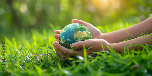 hands holding a globe on a background of grass, female hands hold the earth's layer on the background of nature, World Environment Day concept, generative ai