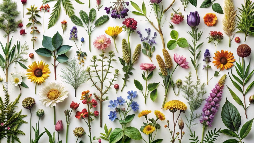 Fashionable Selection of Wildflowers and Foliage. Assorted Plants and Flowers Picture Fashionable Selection of Wildflowers and Foliage. Assorted Plants and Flowers Picture