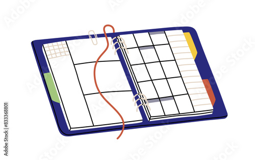 Planner, organizer with calendar. Open notebook for scheduling, planning. Diary with daily agenda. Journal for time management, appointments. Flat vector illustration isolated on white background