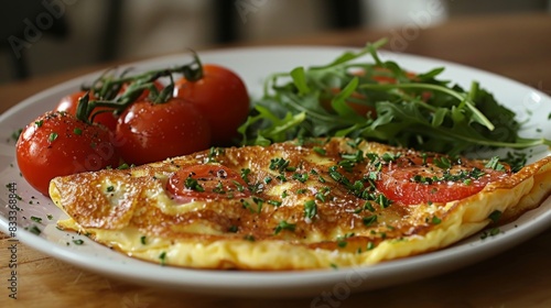 A delicious and healthy breakfast of eggs  tomatoes  and greens.