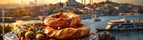 Turkish simit, sesamecrusted bread rings, served with cheese and olives on a traditional Turkish plate with a view of Istanbuls skyline photo