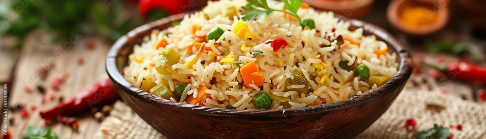 Vegetable pulao, fragrant rice with mixed vegetables, served in a traditional bowl with a vibrant Indian market backdrop Vegetable pulao, fragrant rice with mixed vegetables, served in a traditional bowl with a vibrant Indian market backdrop