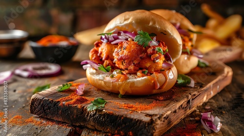 Vada pav, spicy potato fritter in a bun, served on a rustic wooden board with a bustling Mumbai street food market scene