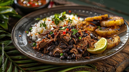 Venezuelan pabellon criollo, shredded beef with black beans, rice, and fried plantains, served on a rustic plate with a tropical beach scene photo