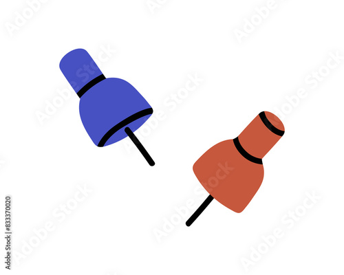 Thumbtacks, pushpins. Push pins, office stationery, attaching tool. Thumb tack for attachment, memo fixation on board. Metal needles for posting. Flat vector illustration isolated on white background