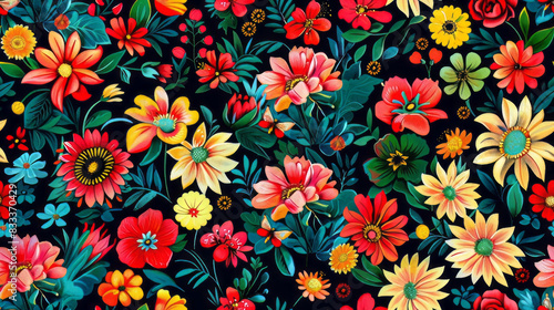 Vibrant floral pattern with colorful blossoms and leaves