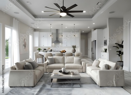 A beautiful living room and kitchen in an open concept home with white walls and light gray carpet flooring