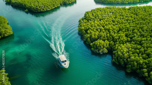 Aerial view of boat navigating through lush tropical islands photo