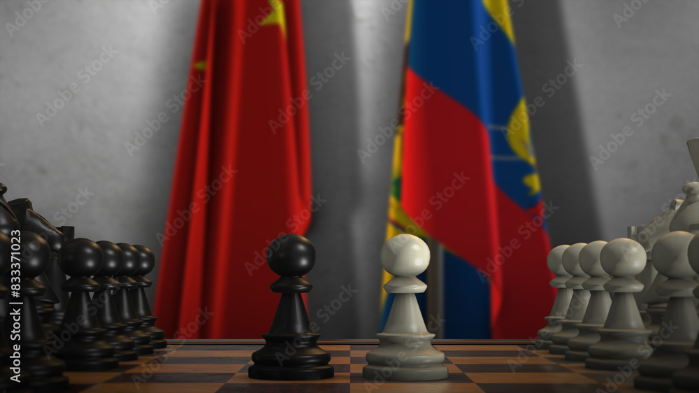 Ecuador And China National Flags. Politics And Conflict 3D Illustration. Chess Board Game Play Ecuador And China National Flags. Politics And Conflict 3D Illustration. Chess Board Game Play