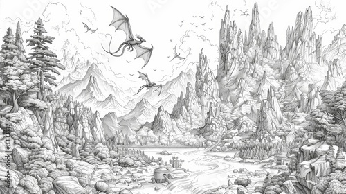 A coloring book illustration of a fantasy landscape, featuring a majestic mountain range with flying dragons and hidden caves.
