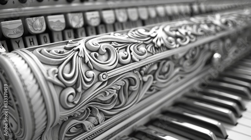 A coloring design of a harmonica, with intricate patterns and designs on the body of the instrument. photo