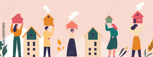 Housing concept with people holding house. Moving house and property investment