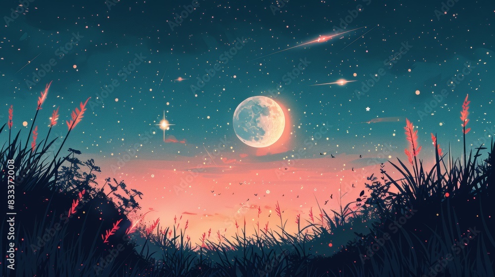 A creative coloring book scene of a mystical night sky, with constellations, shooting stars, and a glowing moon. A creative coloring book scene of a mystical night sky, with constellations, shooting stars, and a glowing moon.